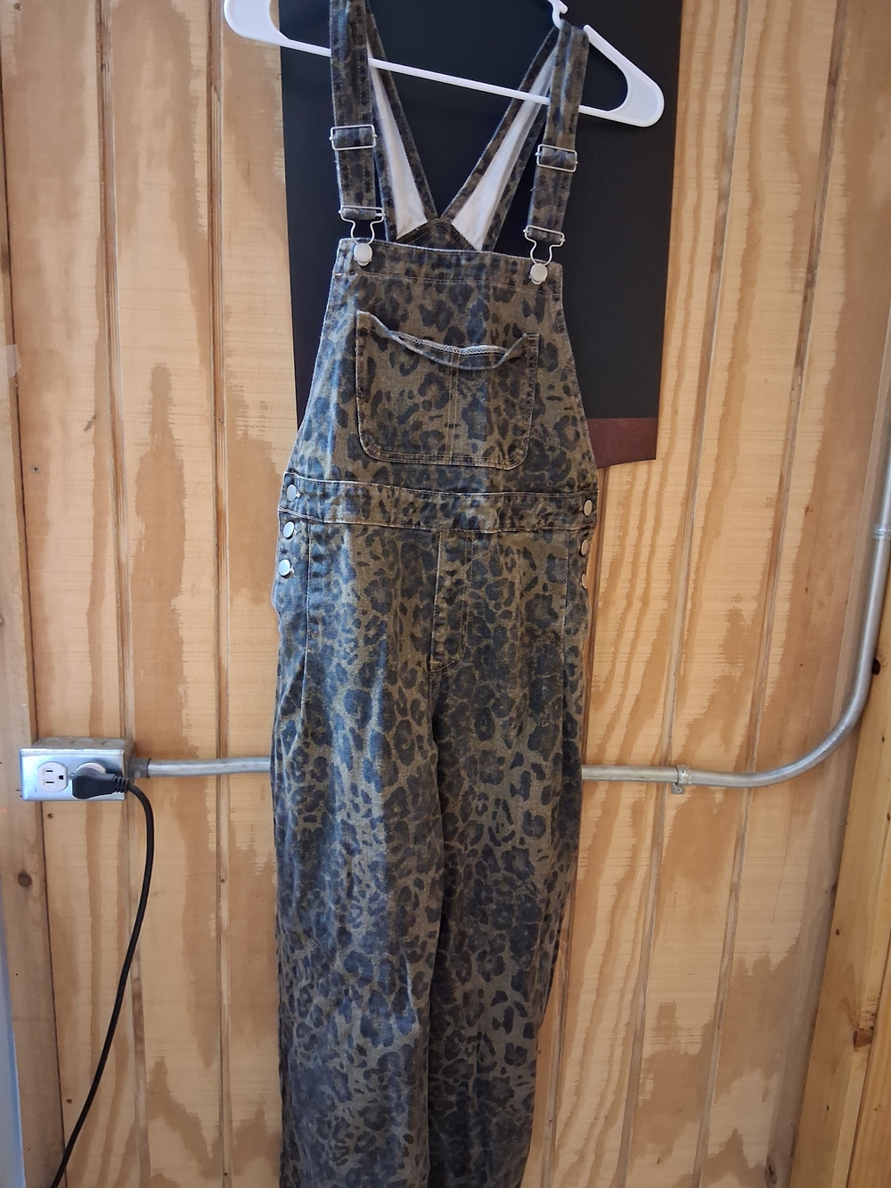 Women's Olive Leopard Print Denim Overalls